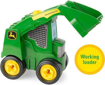 John Deere Build‑A‑Buddy - Set da gioco con minipala da 13 pezzi, giocattolo da asporto con strumento a cricchetto, ruote push-along, paletta da lavoro per motori fini e giochi fantasiosi, giocattolo