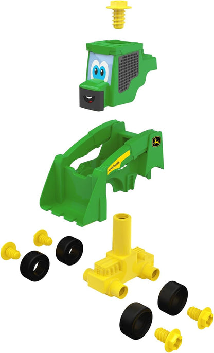 John Deere Build‑A‑Buddy - Set da gioco con minipala da 13 pezzi, giocattolo da asporto con strumento a cricchetto, ruote push-along, paletta da lavoro per motori fini e giochi fantasiosi, giocattolo