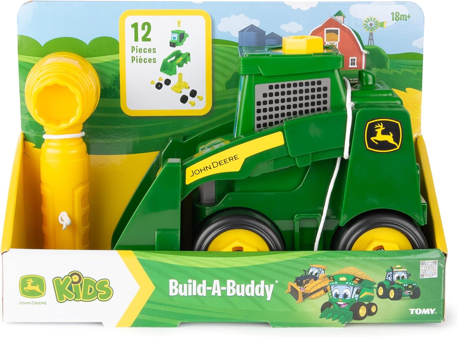John Deere Build‑A‑Buddy - Set da gioco con minipala da 13 pezzi, giocattolo da asporto con strumento a cricchetto, ruote push-along, paletta da lavoro per motori fini e giochi fantasiosi, giocattolo