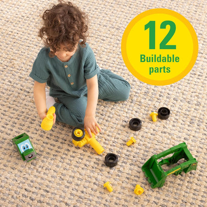John Deere Build‑A‑Buddy - Set da gioco con minipala da 13 pezzi, giocattolo da asporto con strumento a cricchetto, ruote push-along, paletta da lavoro per motori fini e giochi fantasiosi, giocattolo
