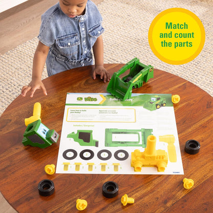 John Deere Build‑A‑Buddy - Set da gioco con minipala da 13 pezzi, giocattolo da asporto con strumento a cricchetto, ruote push-along, paletta da lavoro per motori fini e giochi fantasiosi, giocattolo