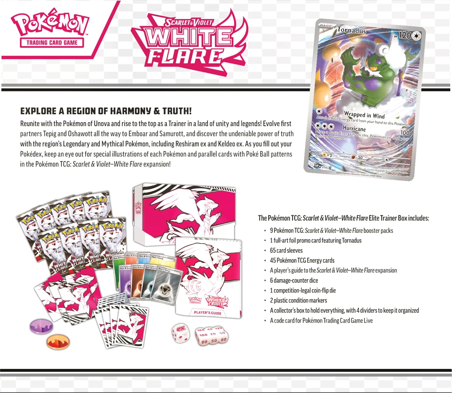 Pokémon TCG: Scarlet & Violet—White Flare Elite Trainer Box – Reshiram (1 Full-Art Tornadus Promo Card, 9 Boosters & Premium Accessories