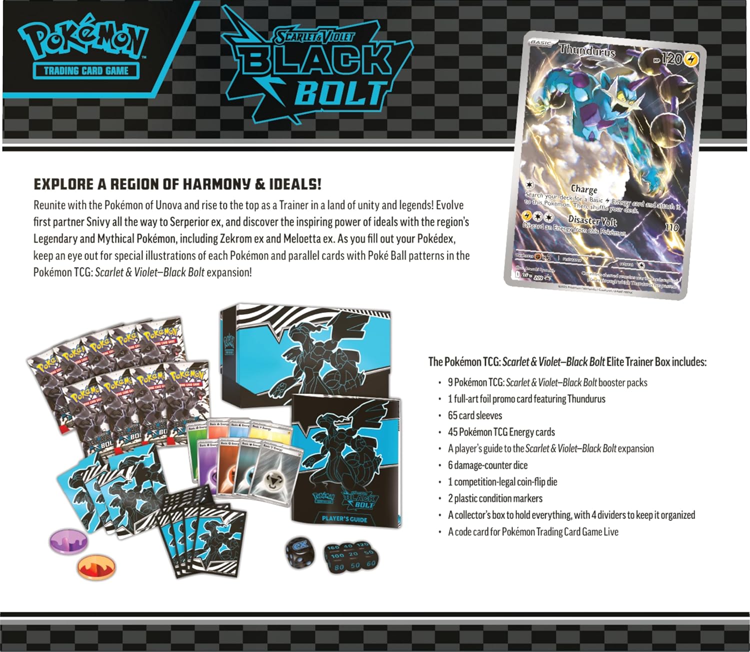 Pokémon TCG: Scarlet & Violet—Black Bolt Elite Trainer Box – Zekrom (1 Full-Art Thundurus Promo Card, 9 Boosters & Premium Accessories