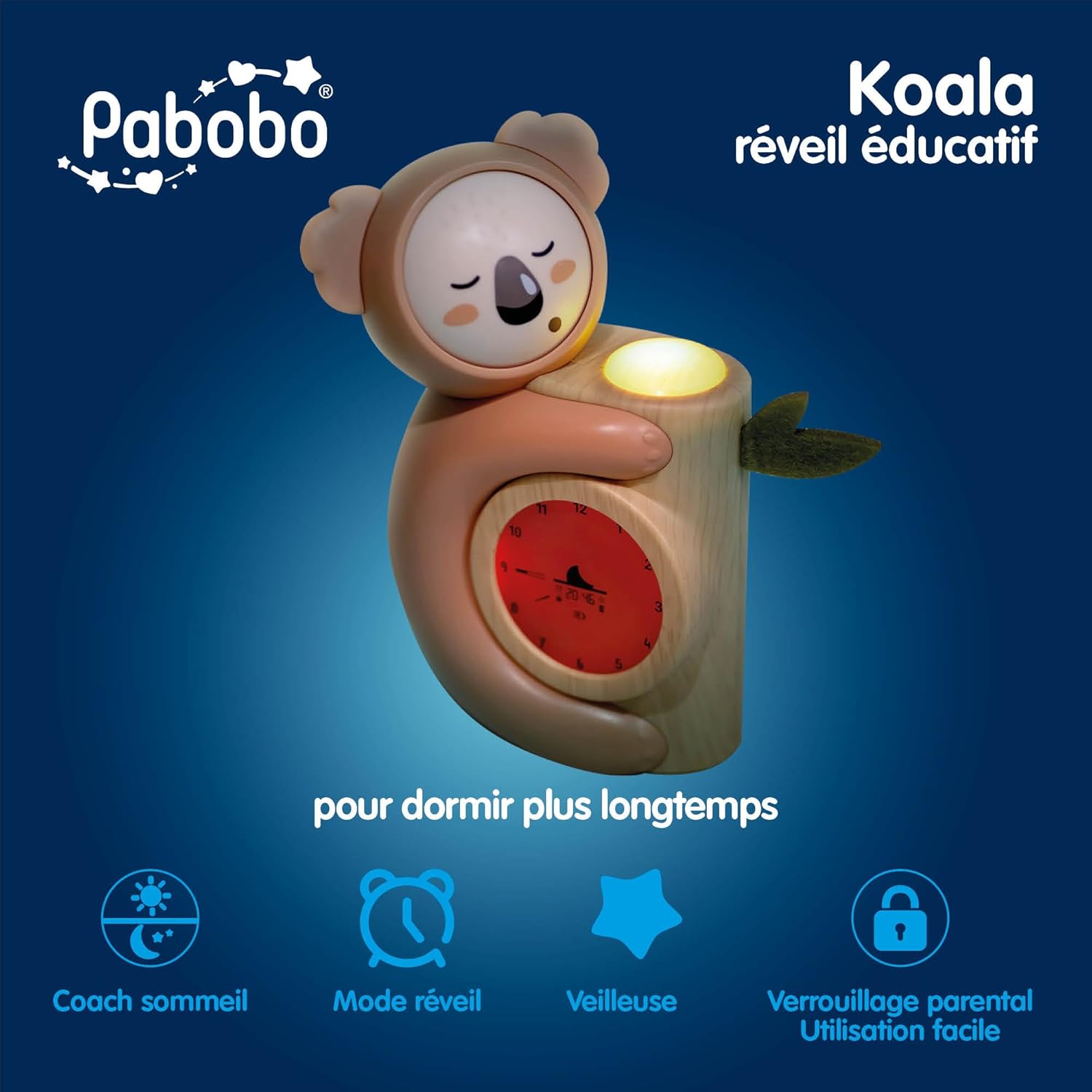 Pabobo - Slaapcoach Koala | wekker voor kinderen en nachtlampje | dag/nachtweergave | dubbel digitaal en analoog display | eenvoudige programmering