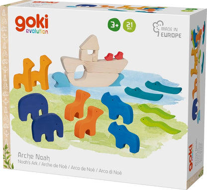 goki Evolution 51454 Designspel Ark van Noach van hout, 21-delig houten speelgoed met dieren en schip, Made in Europe