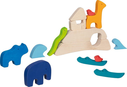 goki Evolution 51454 Designspel Ark van Noach van hout, 21-delig houten speelgoed met dieren en schip, Made in Europe