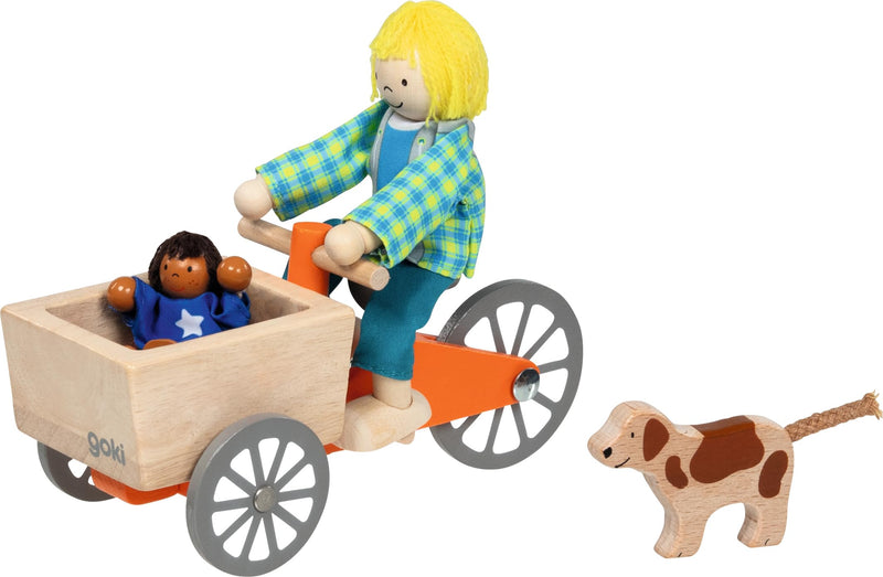 Lastenfahrrad mit 2 Biegepuppen und Hund: Lastenrad: 16 x 6,8 x 7,5 cm, Holz, Textil, 4 Teile, per Set