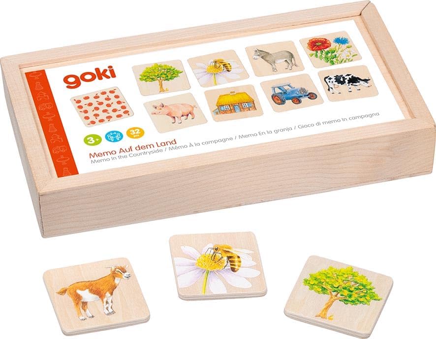 goki 56300 Memospel op het platteland, van hout, klassieker, voor het hele gezin, het vinden van koppels, bevordert geheugen en visuele waarneming, houten box om op te bergen, set van 32, vanaf 3 jaar