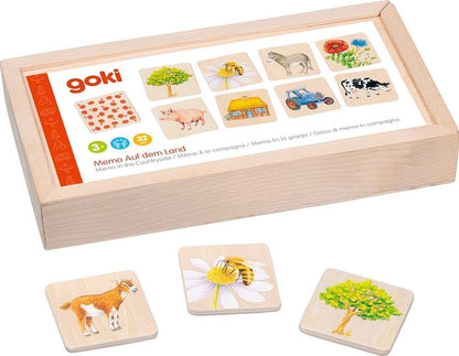 goki 56300 Memospel op het platteland, van hout, klassieker, voor het hele gezin, het vinden van koppels, bevordert geheugen en visuele waarneming, houten box om op te bergen, set van 32, vanaf 3 jaar