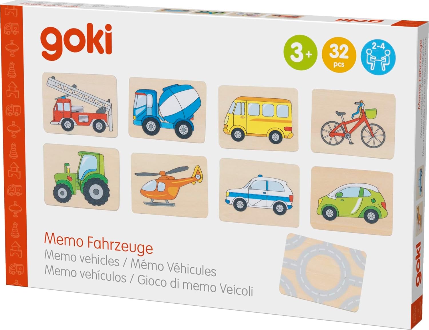 goki 56301 Memospel voertuigen van hout, herinneringsspellen, klassiekers voor het hele gezin, paren vinden, bevordert geheugen en visuele waarneming, houten box om op te bergen, set van 32, vanaf 3