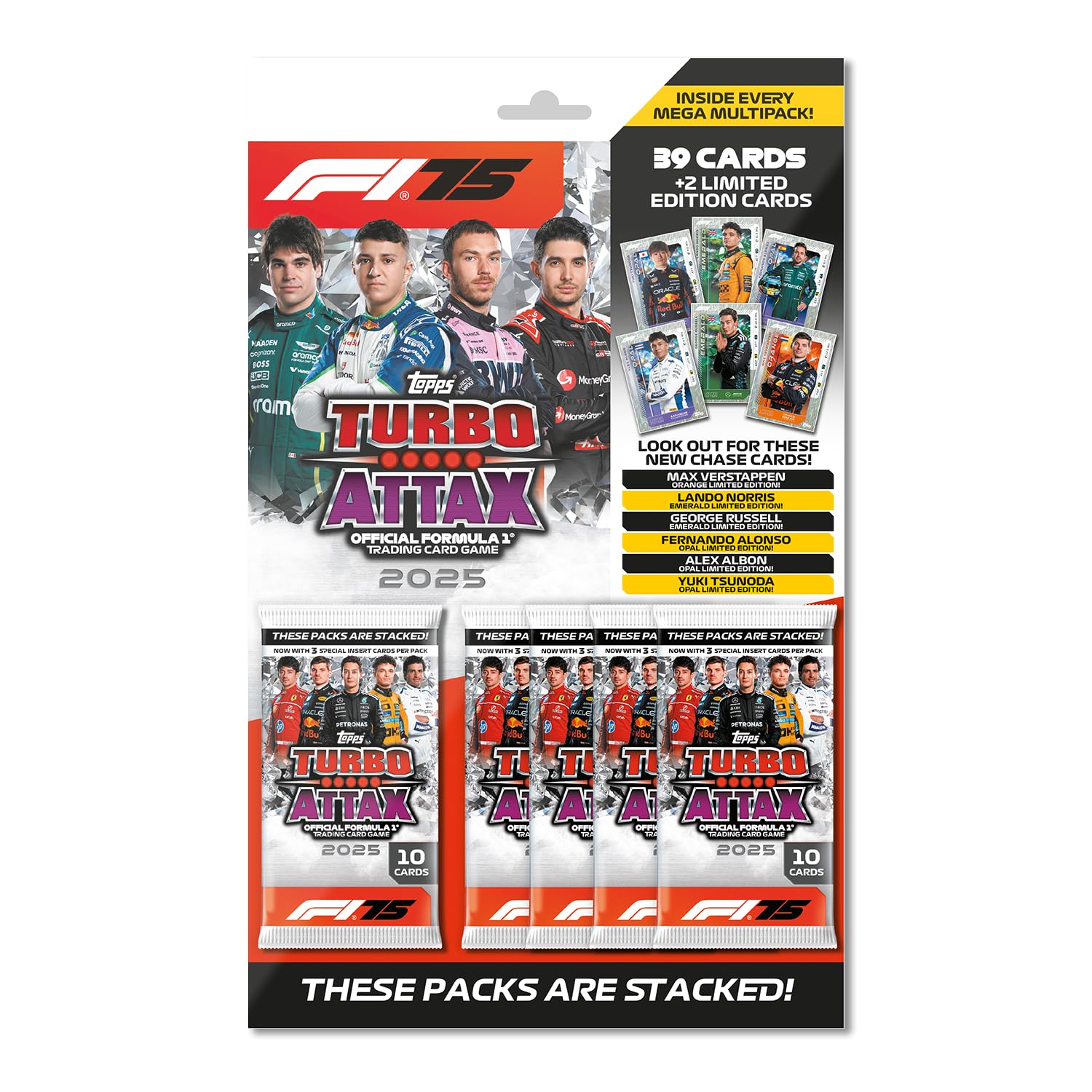 Topps Turbo Attax Formule 1 2025 - Mega Multipack - bevat 39 Turbo Attax-kaarten plus 2 willekeurige Limited Edition-kaarten.