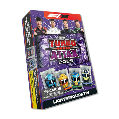 Topps Turbo Attax Formula 1 2025 - Mega Tin - Lightning Lids - contains 66 cards including 6 LE's and 4 Exclusive 'Lightning Lids' Cards!