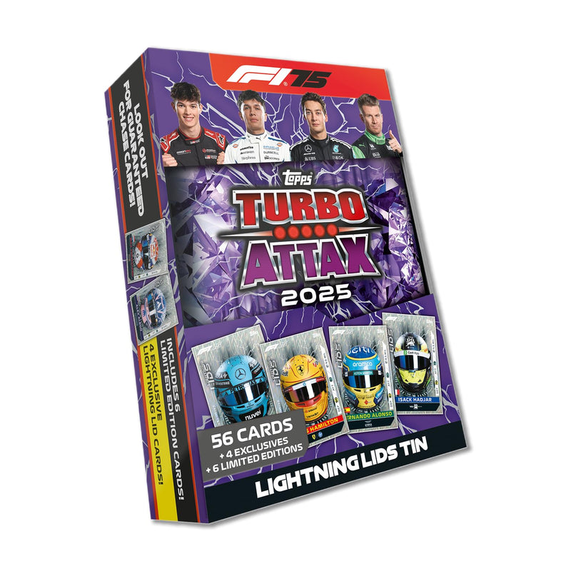 Topps Turbo Attax Formula 1 2025 - Mega Tin - Lightning Lids - contains 66 cards including 6 LE's and 4 Exclusive 'Lightning Lids' Cards!