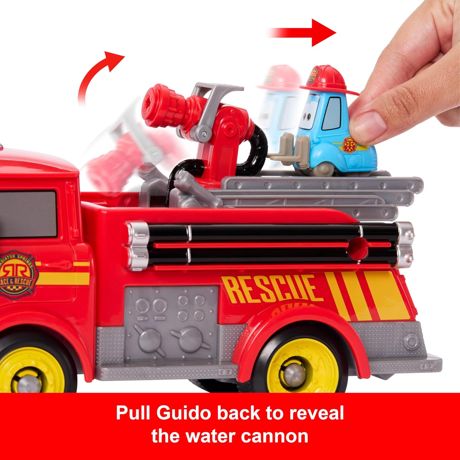 Mattel Disney and Pixar Cars Toy Firetruck, Radiator Springs Race & Rescue Fire Fighting Red & Guido, 2 Plastic Flame Targets & 2 Water Projectiles, JFL54