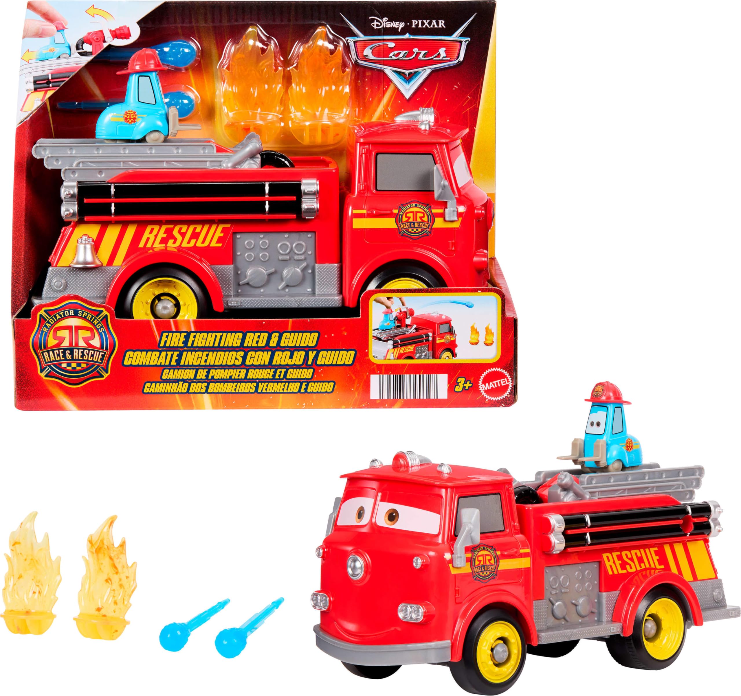 Mattel Disney and Pixar Cars Toy Firetruck, Radiator Springs Race & Rescue Fire Fighting Red & Guido, 2 Plastic Flame Targets & 2 Water Projectiles, JFL54