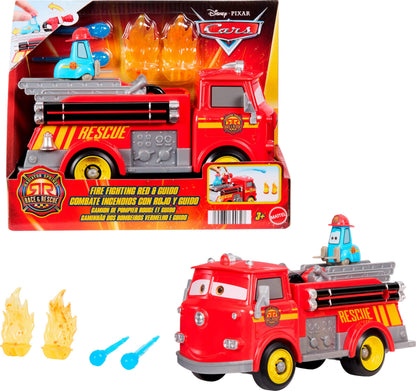 Mattel Disney and Pixar Cars Toy Firetruck, Radiator Springs Race & Rescue Fire Fighting Red & Guido, 2 Plastic Flame Targets & 2 Water Projectiles, JFL54
