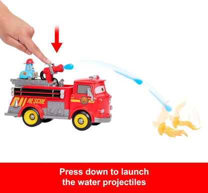 Mattel Disney and Pixar Cars Toy Firetruck, Radiator Springs Race & Rescue Fire Fighting Red & Guido, 2 Plastic Flame Targets & 2 Water Projectiles, JFL54