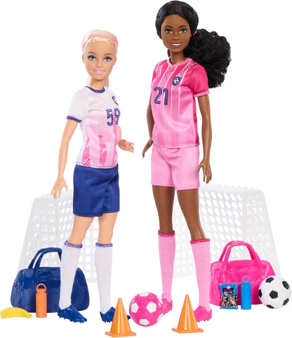 Barbie Careers Playset, Soccer Player Set with 2 Fashion Dolls & 15 Accessories Including Barbie 'Brooklyn”, Blonde Petite Player, 2 Nets & More, HRG88