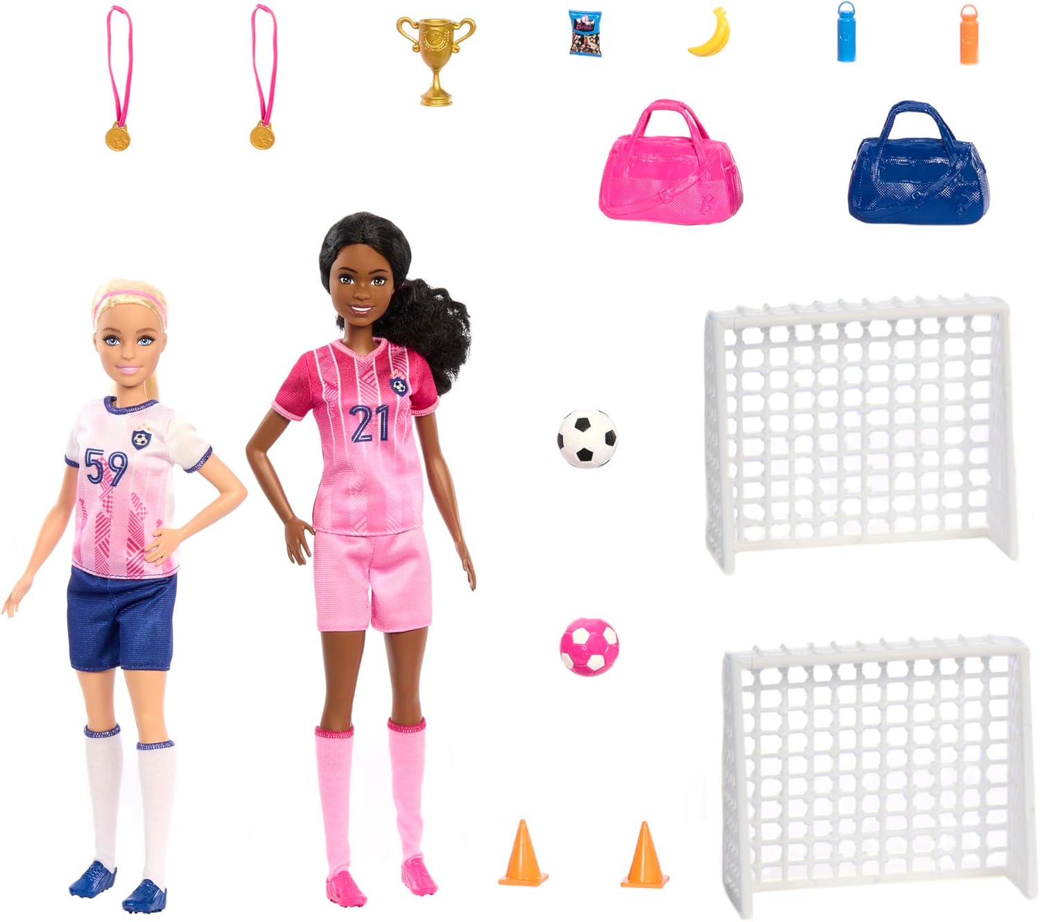 Barbie Careers Playset, Soccer Player Set with 2 Fashion Dolls & 15 Accessories Including Barbie 'Brooklyn”, Blonde Petite Player, 2 Nets & More, HRG88