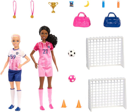 Barbie Careers Playset, Soccer Player Set with 2 Fashion Dolls & 15 Accessories Including Barbie 'Brooklyn”, Blonde Petite Player, 2 Nets & More, HRG88