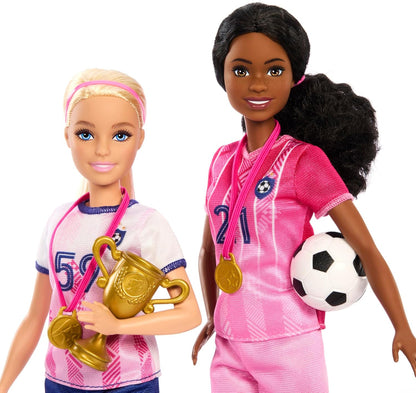 Barbie Careers Playset, Soccer Player Set with 2 Fashion Dolls & 15 Accessories Including Barbie 'Brooklyn”, Blonde Petite Player, 2 Nets & More, HRG88