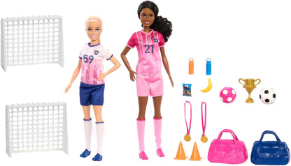 Barbie Careers Playset, Soccer Player Set with 2 Fashion Dolls & 15 Accessories Including Barbie 'Brooklyn”, Blonde Petite Player, 2 Nets & More, HRG88
