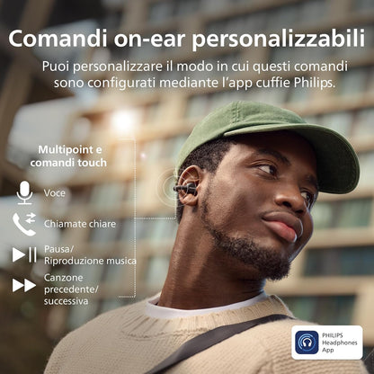 Philips TAQ2000BK Ear Cuff Style True Wireless Open Ear Multipoint Bluetooth Earbuds - 28 Hours Playtime, Pocket-sized charging case, Clear calls, Ideal for commuting and exercise - Black