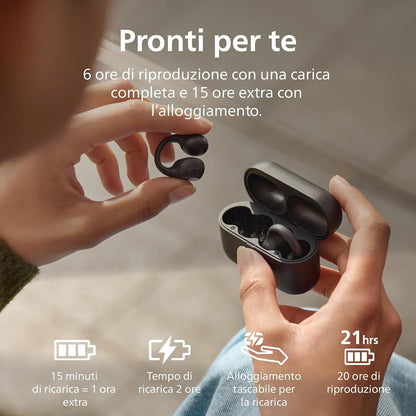 Philips TAQ2000BK Ear Cuff Style True Wireless Open Ear Multipoint Bluetooth Earbuds - 28 Hours Playtime, Pocket-sized charging case, Clear calls, Ideal for commuting and exercise - Black