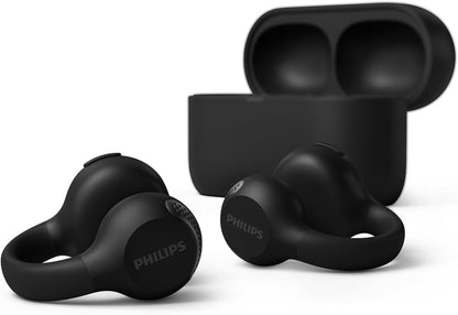 Philips TAQ2000BK Ear Cuff Style True Wireless Open Ear Multipoint Bluetooth Earbuds - 28 Hours Playtime, Pocket-sized charging case, Clear calls, Ideal for commuting and exercise - Black