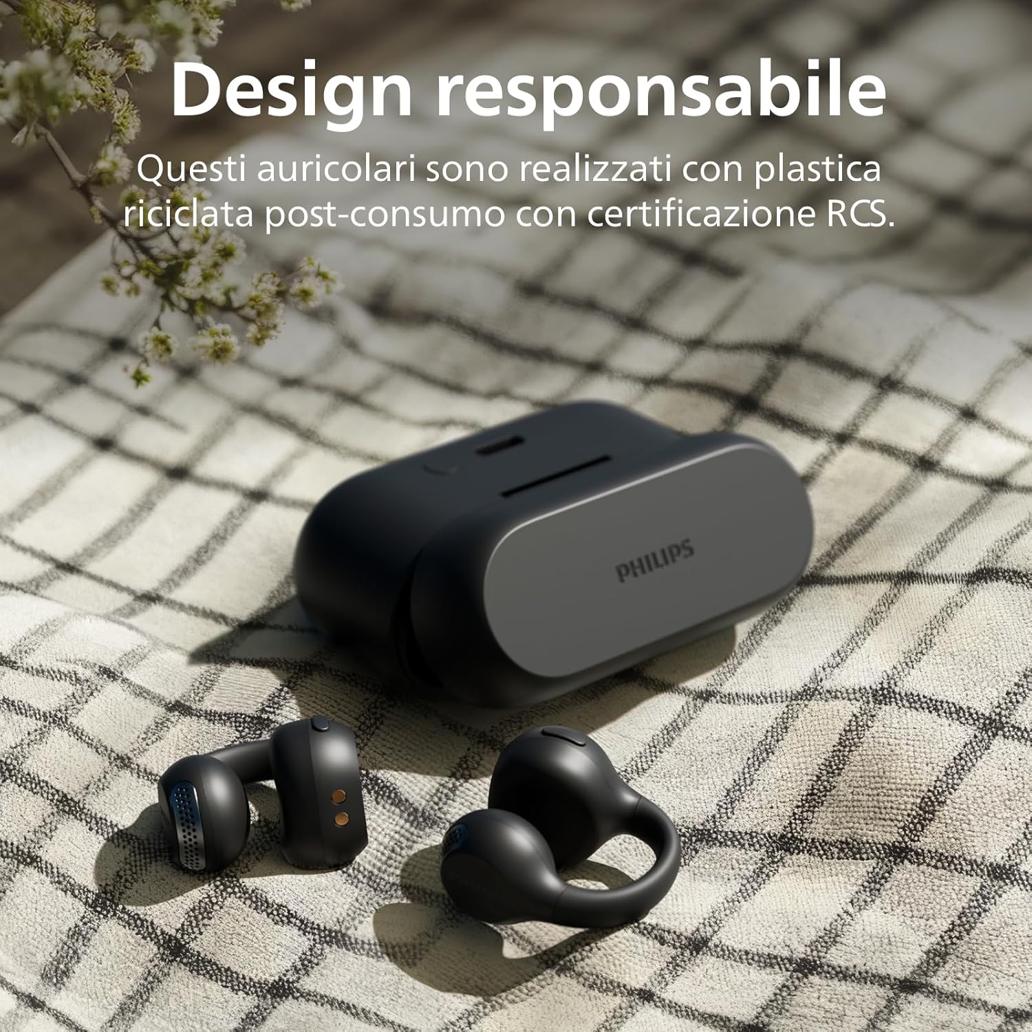 Philips TAQ2000BK Ear Cuff Style True Wireless Open Ear Multipoint Bluetooth Earbuds - 28 Hours Playtime, Pocket-sized charging case, Clear calls, Ideal for commuting and exercise - Black