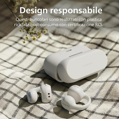 Philips TAQ2000WT Ear Cuff Style True Wireless Open Ear Multipoint Bluetooth Earbuds - 28 Hours Playtime, Pocket-sized charging case, Clear calls, Ideal for commuting and exercise - White