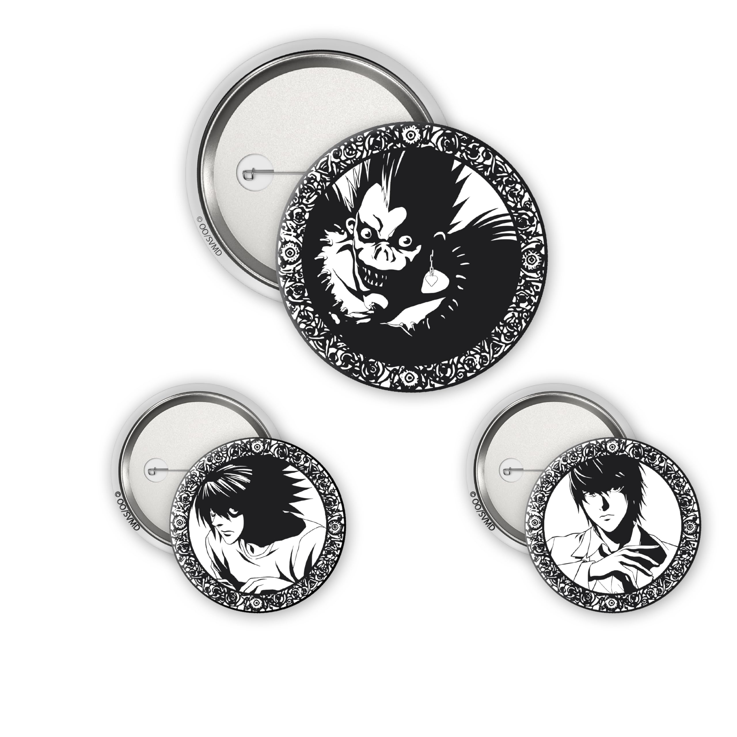 ABYstyle – Pack of 3 DEATH NOTE Light, L & Ryuk Badges – Official Product – Diameter 5 cm & 3.2 cm – Soft Touch Touch