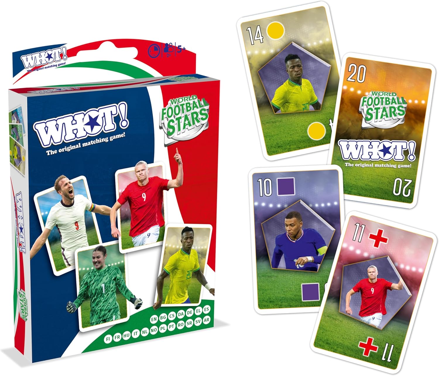 Waddingtons Number 1 World Football Stars WHOT! Card Game contains 53 playable cards including Harry Kane Erling Haaland and Mary Earps travel game, great gift and toy for Boys and Girls Aged 5 plus