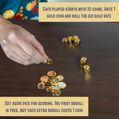 Continuum Games Farkle Go 4 Gold Dice Game, Fun Family & Party Dice Game, Push Your Luck, Win Gold Coins, Includes Dice Set & Score Sheets, for 2+ Players, Ages 8+, Easy to Learn & Quick to Play