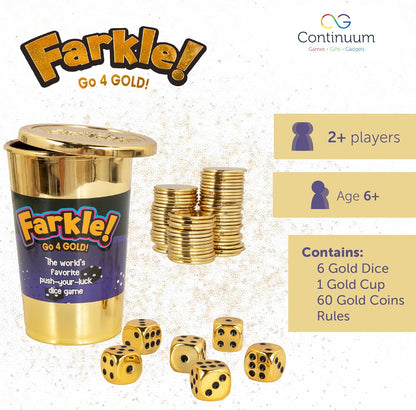 Continuum Games Farkle Go 4 Gold Dice Game, Fun Family & Party Dice Game, Push Your Luck, Win Gold Coins, Includes Dice Set & Score Sheets, for 2+ Players, Ages 8+, Easy to Learn & Quick to Play