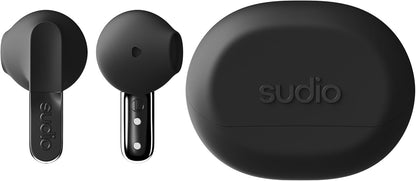 Sudio N3 Midnight Black - The Day-to-Night Earbuds. Made from Recycled Plastics. Long Playtime of 5.5 Hours, 30 Hours Total, Water Resistant, Enhanced Microphones to Take Calls, Bluetooth 5.4