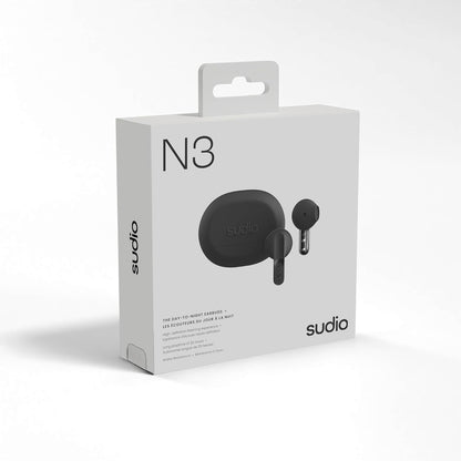 Sudio N3 Midnight Black - The Day-to-Night Earbuds. Made from Recycled Plastics. Long Playtime of 5.5 Hours, 30 Hours Total, Water Resistant, Enhanced Microphones to Take Calls, Bluetooth 5.4