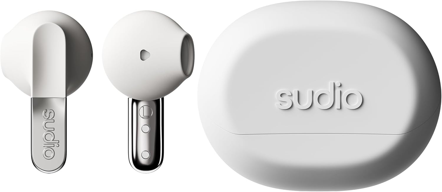 Sudio N3 Snow White - the earbuds for day and night. Long playback time of 5.5 hours, 30 hours total, waterproof, improved microphones to take calls, Bluetooth 5.4