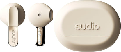 Sudio N3 Beach Sand - the earbuds from day to night. Long playback time of 5.5 hours, 30 hours total, water-resistant, improved microphones to take calls, Bluetooth 5.4