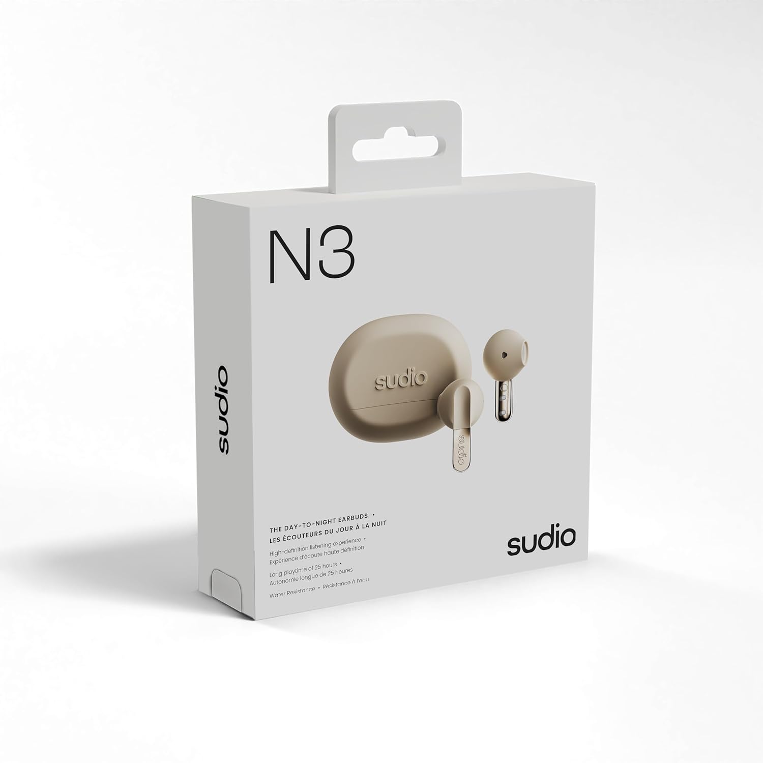 Sudio N3 Beach Sand - the earbuds from day to night. Long playback time of 5.5 hours, 30 hours total, water-resistant, improved microphones to take calls, Bluetooth 5.4