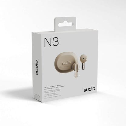 Sudio N3 Beach Sand - the earbuds from day to night. Long playback time of 5.5 hours, 30 hours total, water-resistant, improved microphones to take calls, Bluetooth 5.4