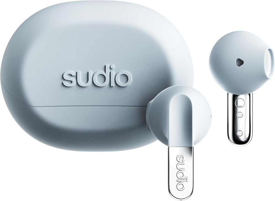 Sudio N3 Steel Blue - the earbuds for day and night. Long playback time of 5.5 hours, 30 hours total, waterproof, improved microphones to take calls, Bluetooth 5.4