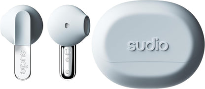 Sudio N3 Steel Blue - the earbuds for day and night. Long playback time of 5.5 hours, 30 hours total, waterproof, improved microphones to take calls, Bluetooth 5.4