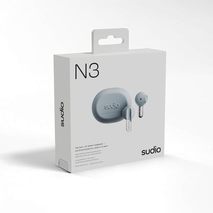 Sudio N3 Steel Blue - the earbuds for day and night. Long playback time of 5.5 hours, 30 hours total, waterproof, improved microphones to take calls, Bluetooth 5.4