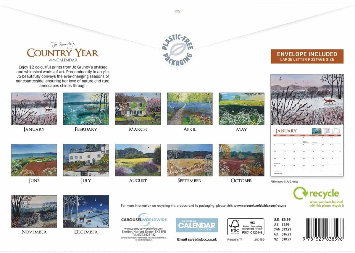 Carousel Worldwide, Country Year Jo Grundy 2026 A4 Wall Calendar