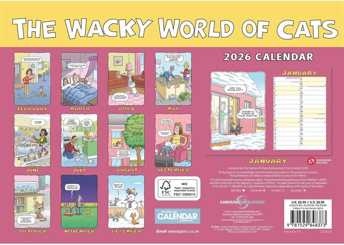 Carousel Worldwide, Wacky World of Cats 2026 A4 Wall Calendar
