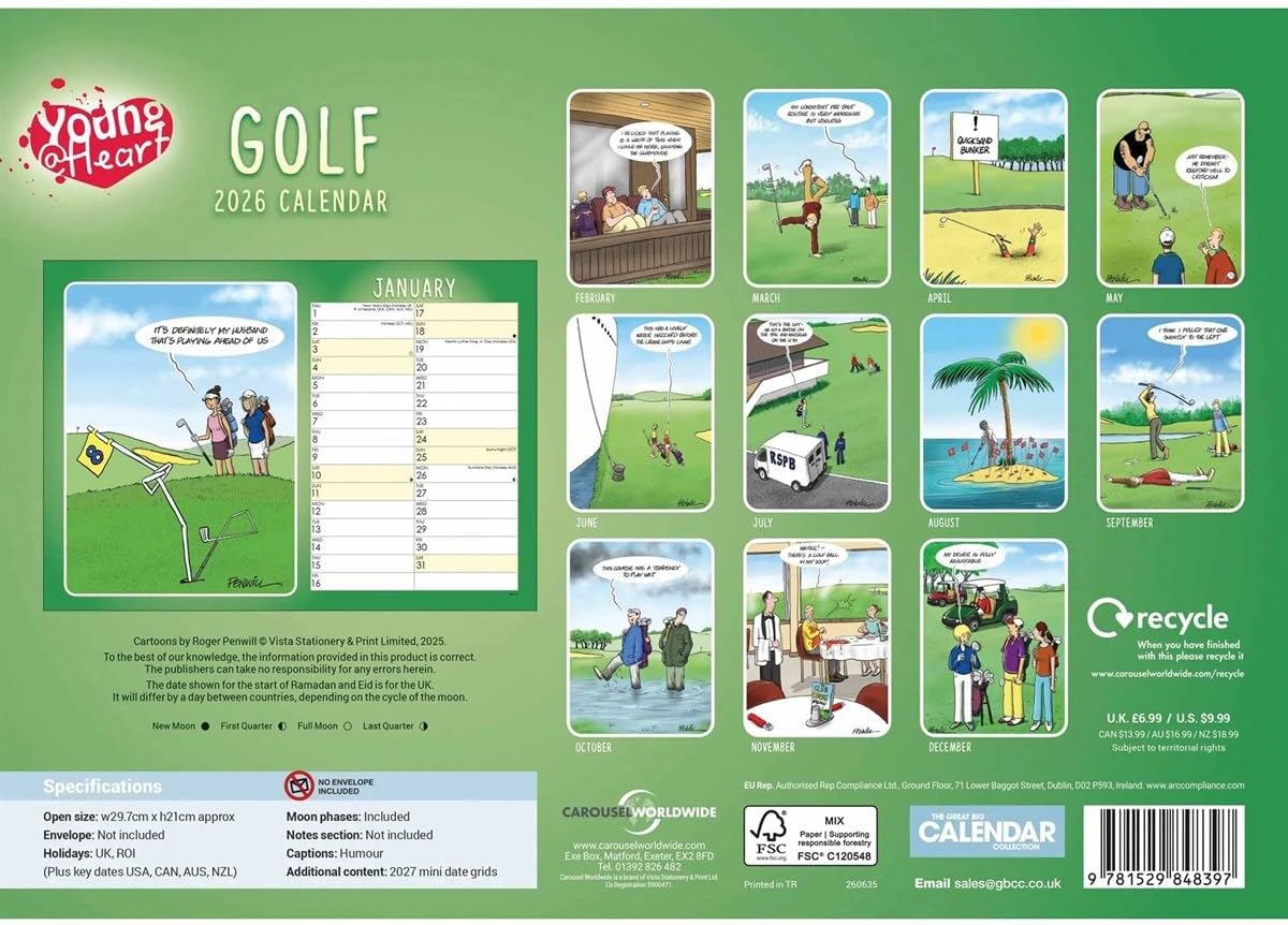 Carousel Worldwide, Young At Heart Golf 2026 A4 Wall Calendar