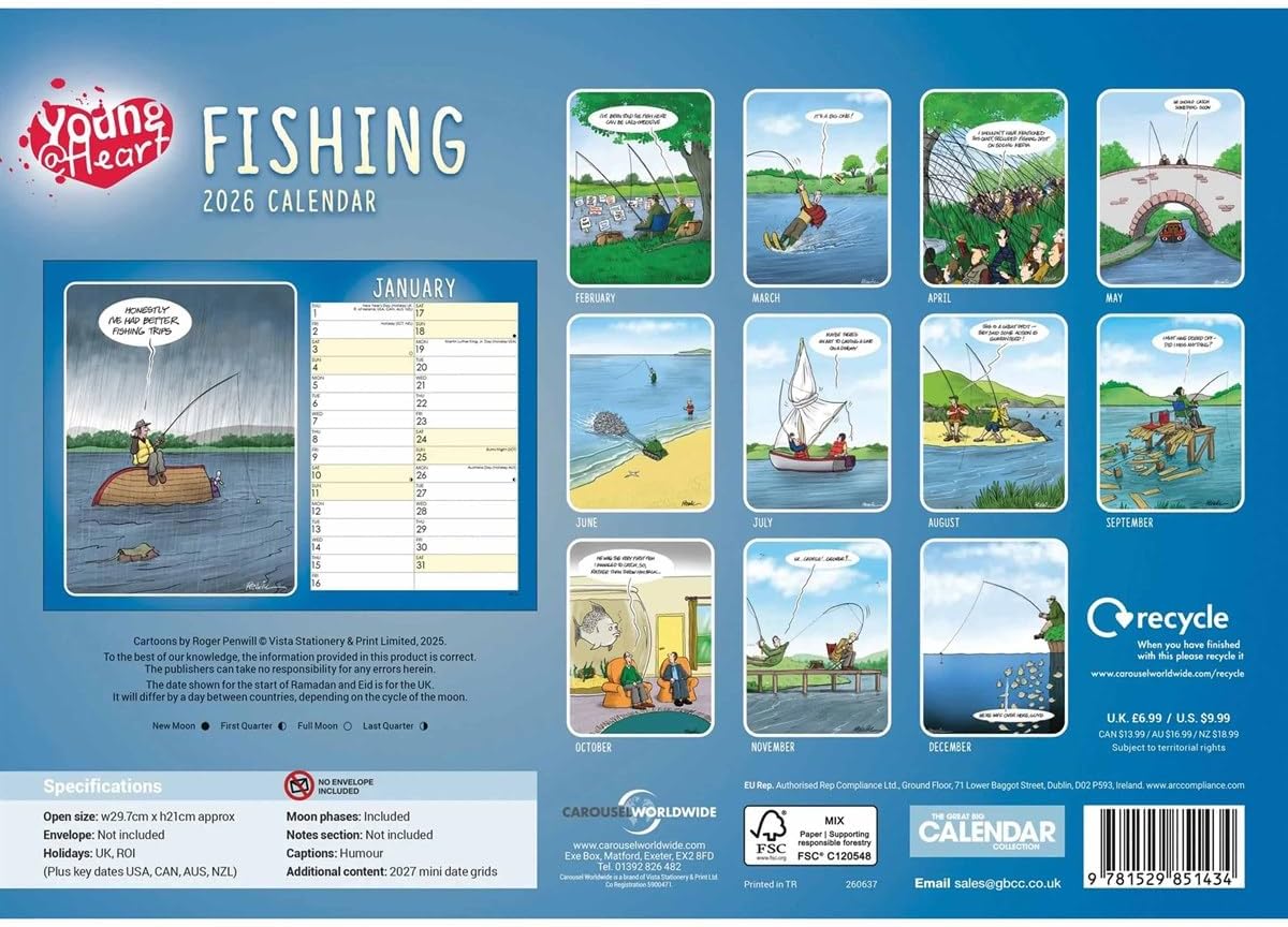 Carousel Worldwide, Young At Heart Fishing 2026 A4 Wall Calendar