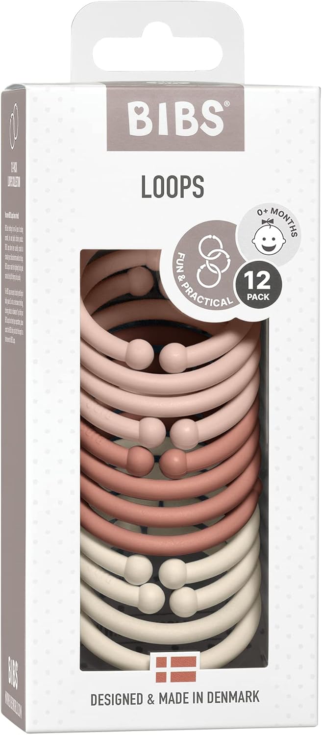 BIBS Loops verpakking van 12 stuks, BPA-vrij, Voedselveilig. Polypropyleen, Blush/Woodchuck/Ivory
