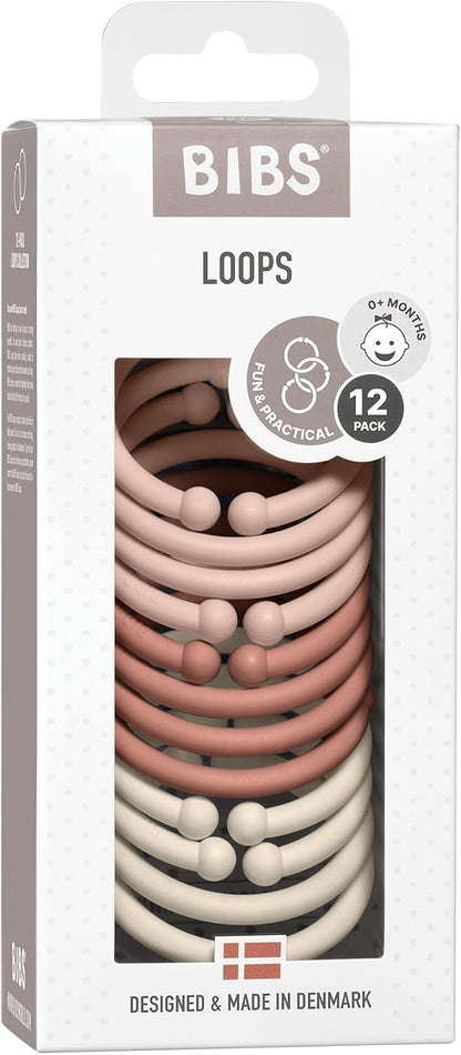 BIBS Loops verpakking van 12 stuks, BPA-vrij, Voedselveilig. Polypropyleen, Blush/Woodchuck/Ivory